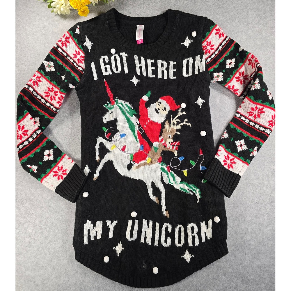 No Boundaries Knit Ugly Christmas Sweater‎ Size Small Santa Unicorn